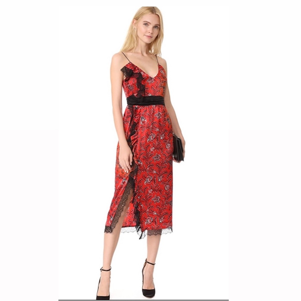 cinq a sept Petra Sleeveless Faux-Wrap Silk Dress W/ Lace Trim
